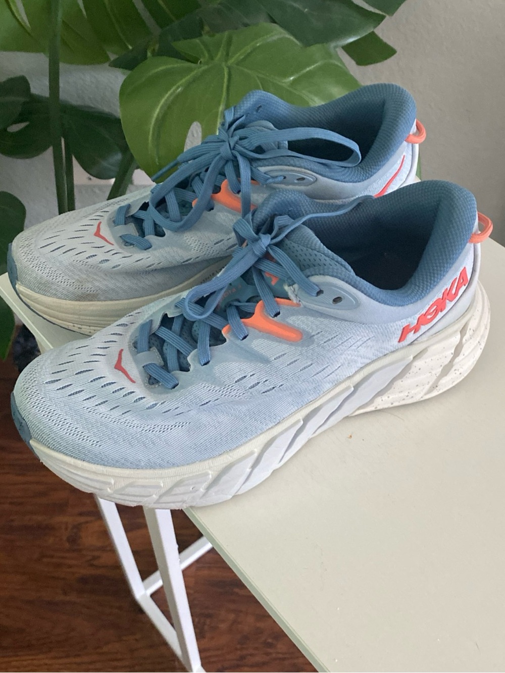 Hoka Gaviota 4 women's road-running shoes in the "Blue Fog / Plein Air" size 9
